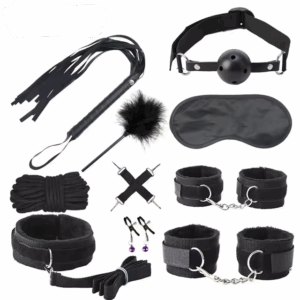 10PCS BDSM Bondage Kit for Couples – Adjustable Cuffs, Ball Gag, Blindfold, Whip & Nipple Clamps
