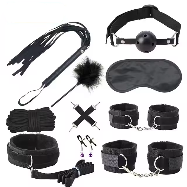 10PCS BDSM Bondage Kit for Couples – Adjustable Cuffs, Ball Gag, Blindfold, Whip & Nipple Clamps 10PCS BDSM Bondage Kit for Couples – Adjustable Cuffs, Ball Gag, Blindfold, Whip & Nipple Clamps
